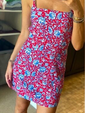 Mango Floral Square-Neck Mini Dress in Red and Blue